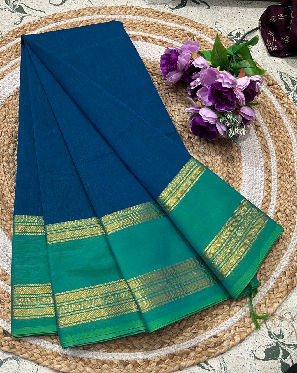Teal Blue Kanchi Cotton Saree With Kalamkari Blouse